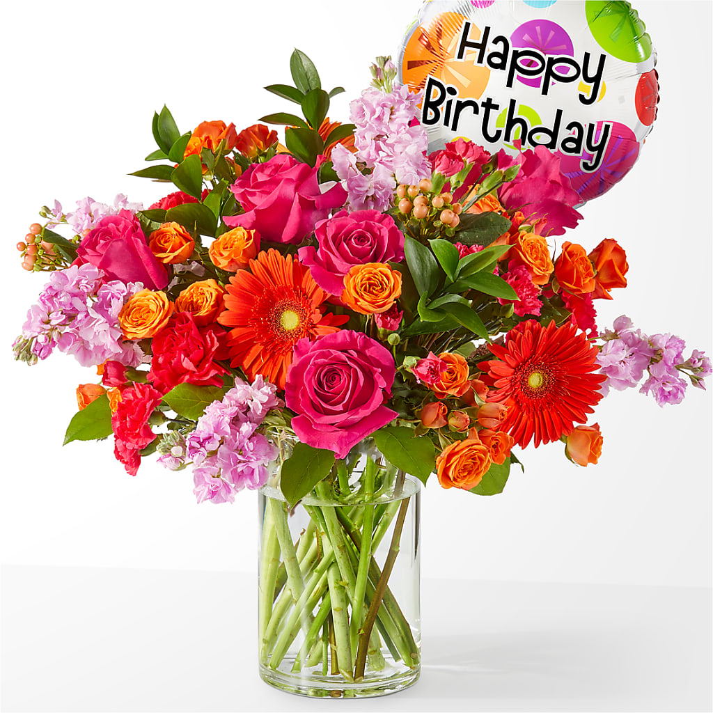 Fiesta Bouquet with Birthday Balloon – Margartia Flowers, Jersey City NJ