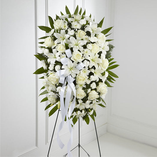 Exquisite Tribute Standing Spray-White Ribbon –  Margartia Flowers, Jersey City NJ