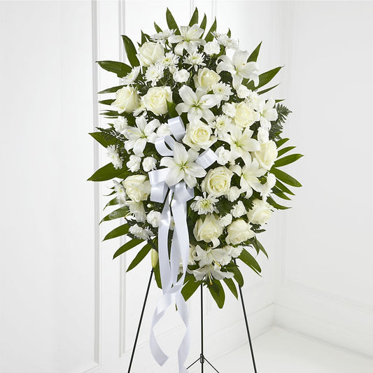 Exquisite Tribute Standing Spray-White Ribbon –  Margartia Flowers, Jersey City NJ