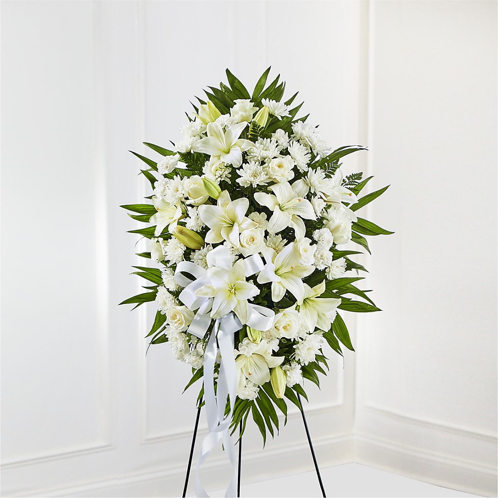 Exquisite Tribute Standing Spray-White Ribbon –  Margartia Flowers, Jersey City NJ